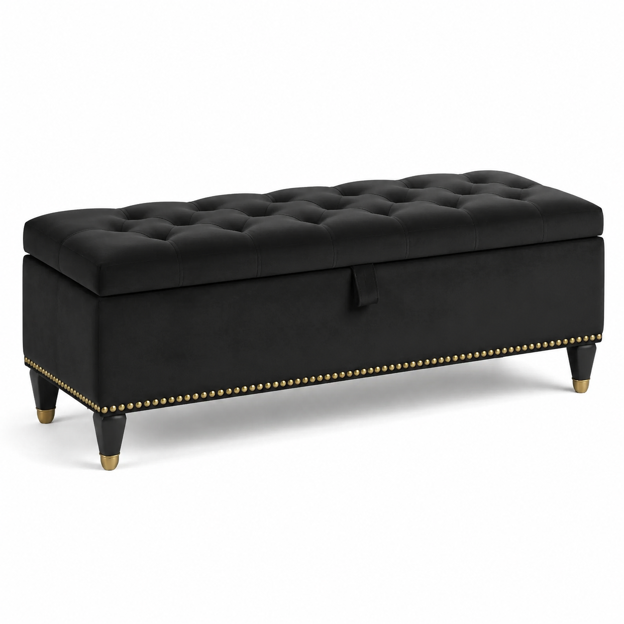 Sitzbank mit Stauraum und Knopfheftung, 120 × 45 × 45 cm, Samtbezug in Schwarz mit goldfarbenen Details