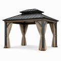 Moderner Gartenpavillon mit Festdach und Vorhängen, 365 × 305 × 300 cm, Anthrazit/Braun/Beige
