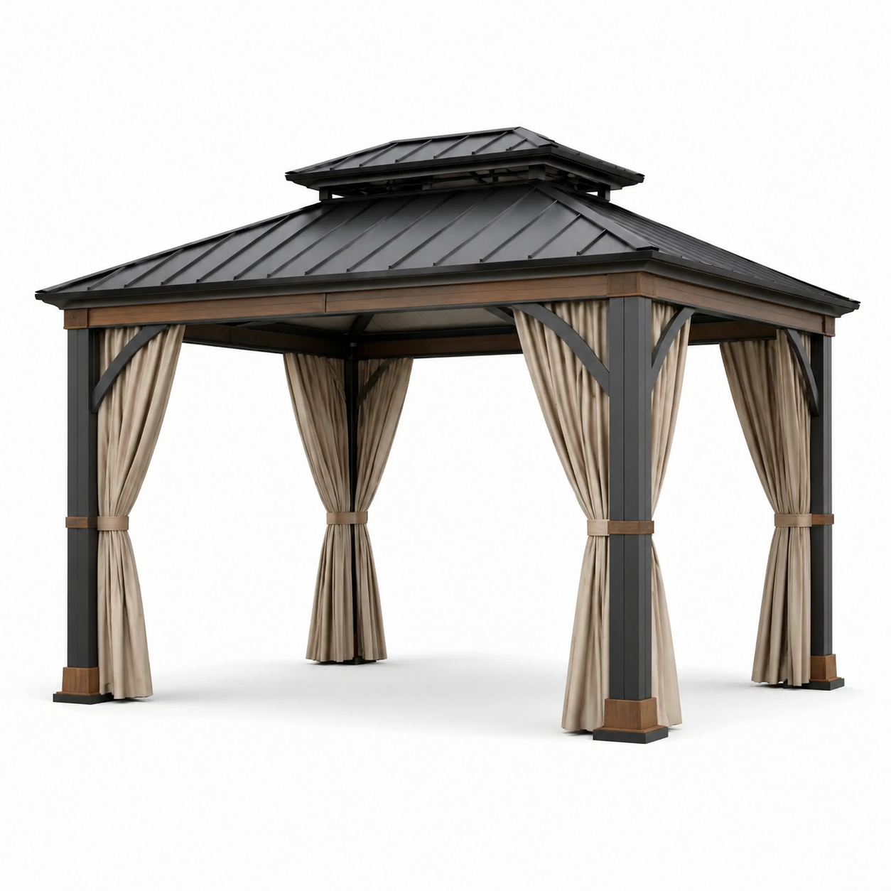 Moderner Gartenpavillon mit Festdach und Vorhängen, 365 × 305 × 300 cm, Anthrazit/Braun/Beige