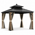 Gartenpavillon 400 × 300 × 300 cm in Schwarz, Braun und Beige mit Metall-Hartdach und Vorhängen
