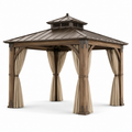 Gartenpavillon aus Holz und Metall mit Doppeldach und Seitenschals, Braun/Beige/Dunkelbraun, 300 × 300 × 320 cm