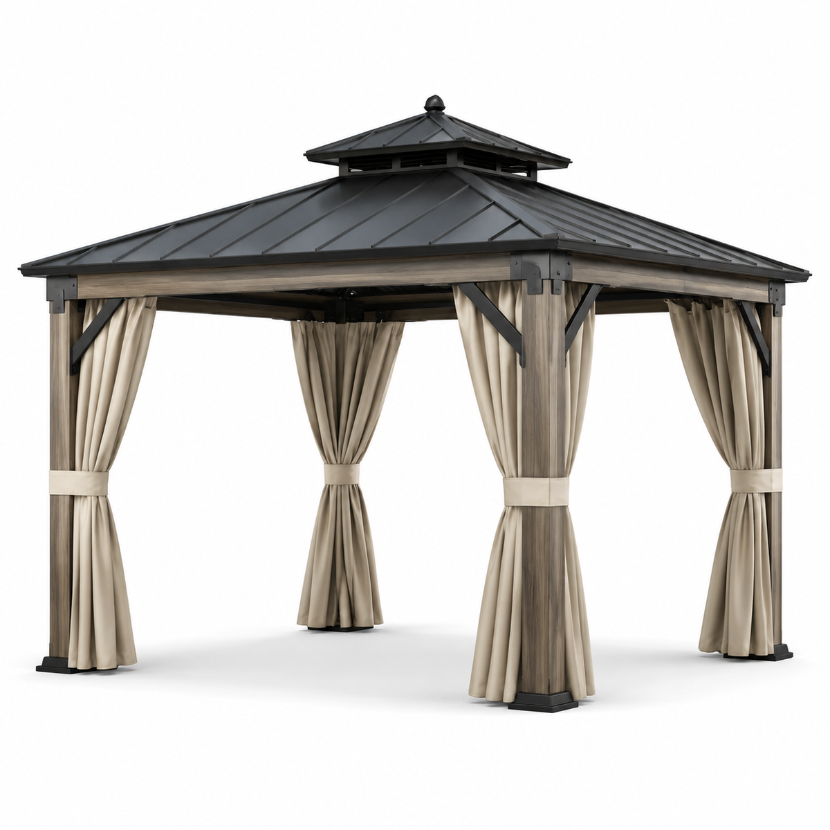 Gartenpavillon mit festem Metalldach und Vorhängen, 360 × 360 × 310 cm, Braun/Anthrazit/Beige