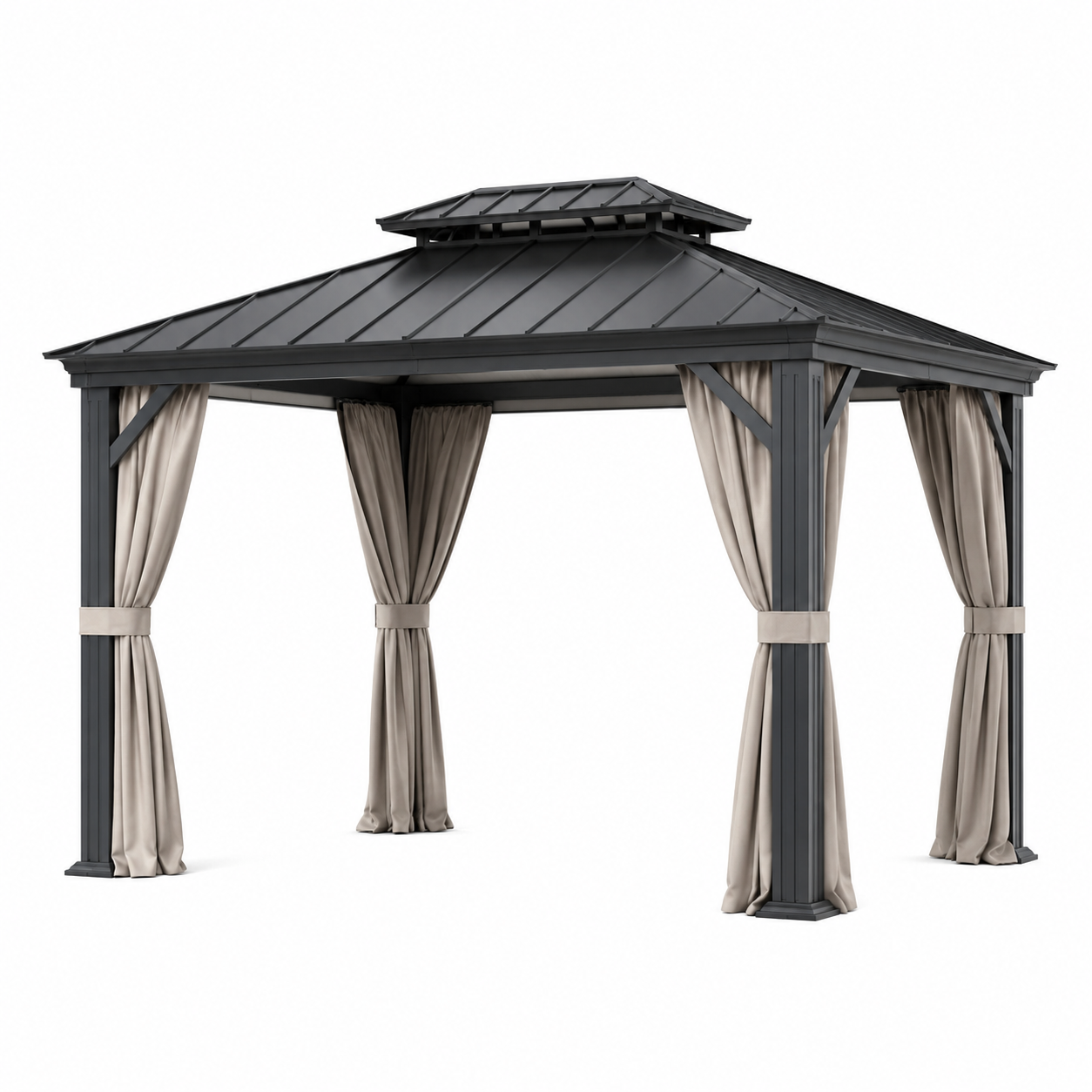 Gartenpavillon aus Metall mit Hartdach und Vorhängen, 400 × 300 × 280 cm, Anthrazit/Beige