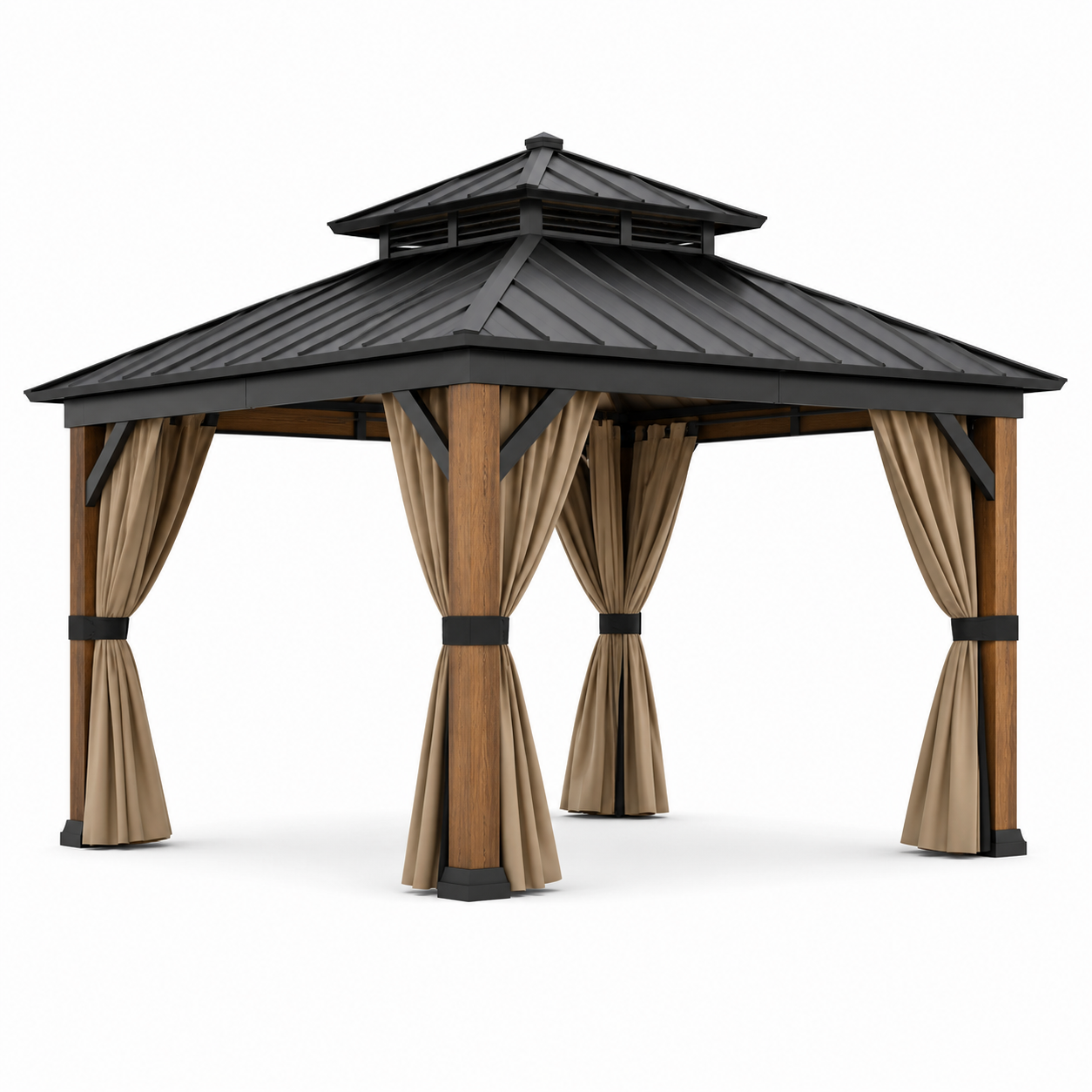 Gartenpavillon 400 × 300 × 310 cm aus Holz und Metall in Anthrazit, Braun und Beige mit Vorhängen und Doppeldach