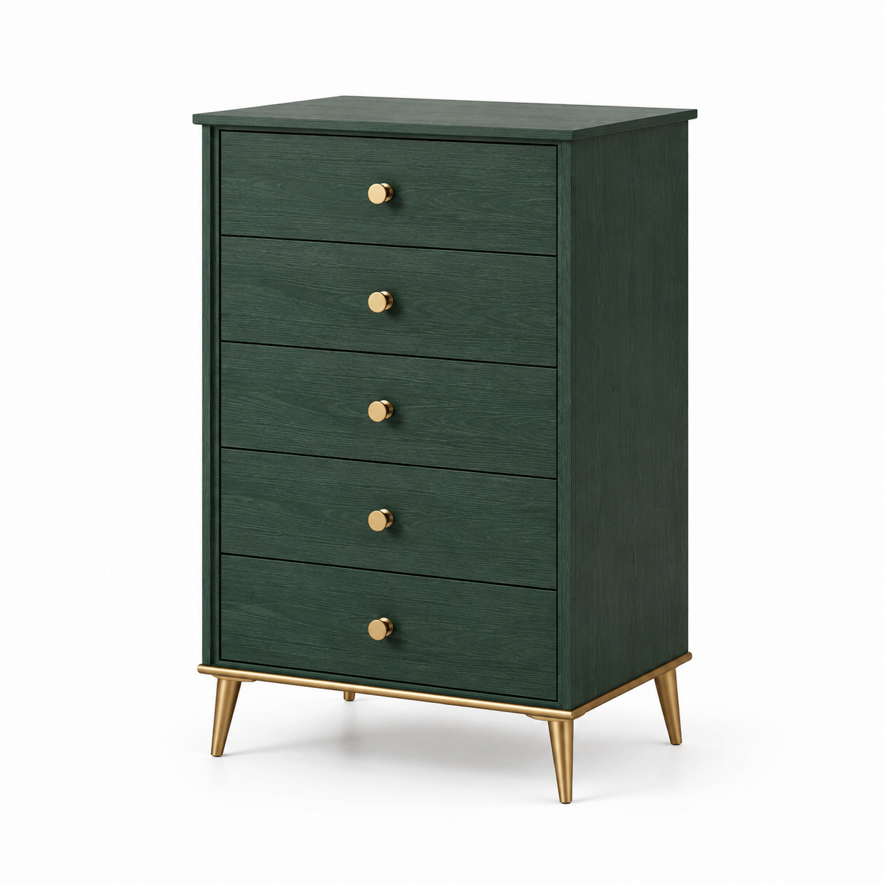 Hohe Kommode mit 5 Schubladen, Dunkelgrün/Gold, 80 × 40 × 120 cm
