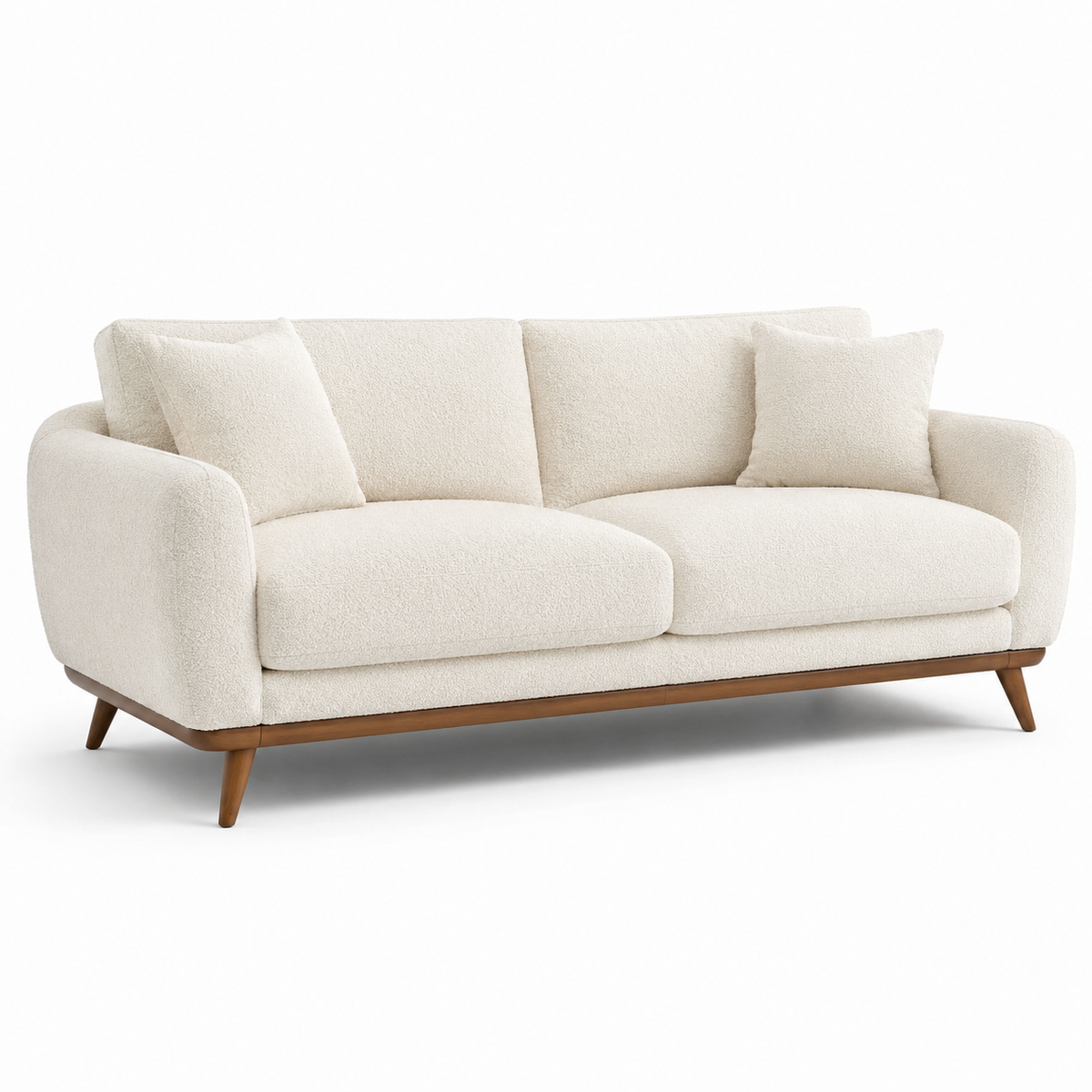 3-Sitzer-Sofa mit Bouclébezug in Creme und braunem Holzgestell, 220 × 92 × 83 cm