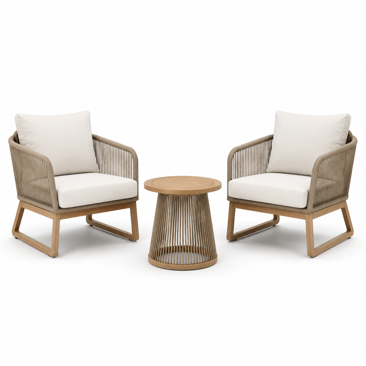 3-teiliges Gartenmöbel-Set mit 2 Sesseln 75 × 78 × 83 cm und rundem Beistelltisch Ø 55 × 52 cm, Beige/Naturweiß/Hellbraun