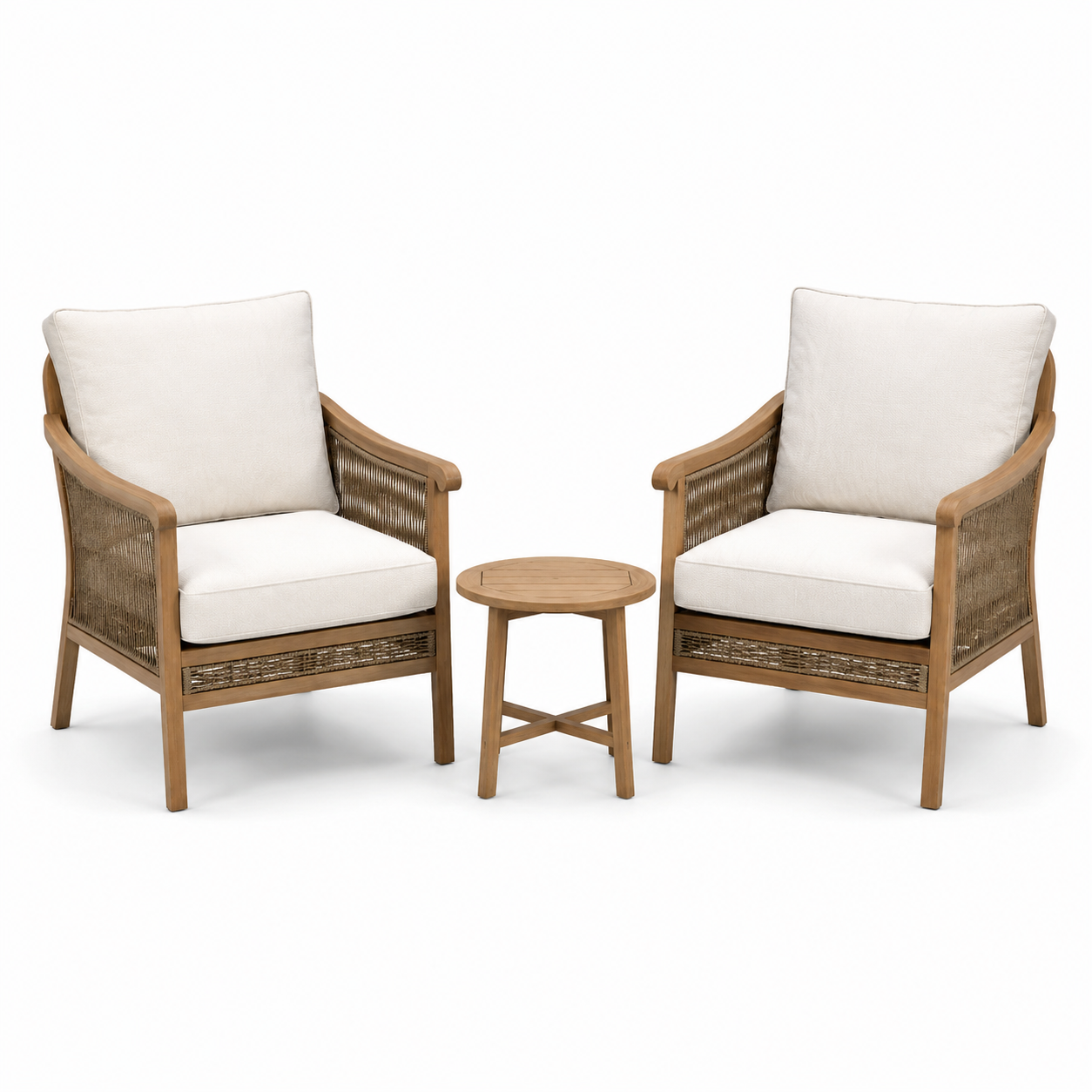 3-teiliges Gartenmöbel-Set Naturbraun/Cremeweiß, 2 Sessel 75 × 78 × 88 cm, Tisch Ø 45 × 48 cm