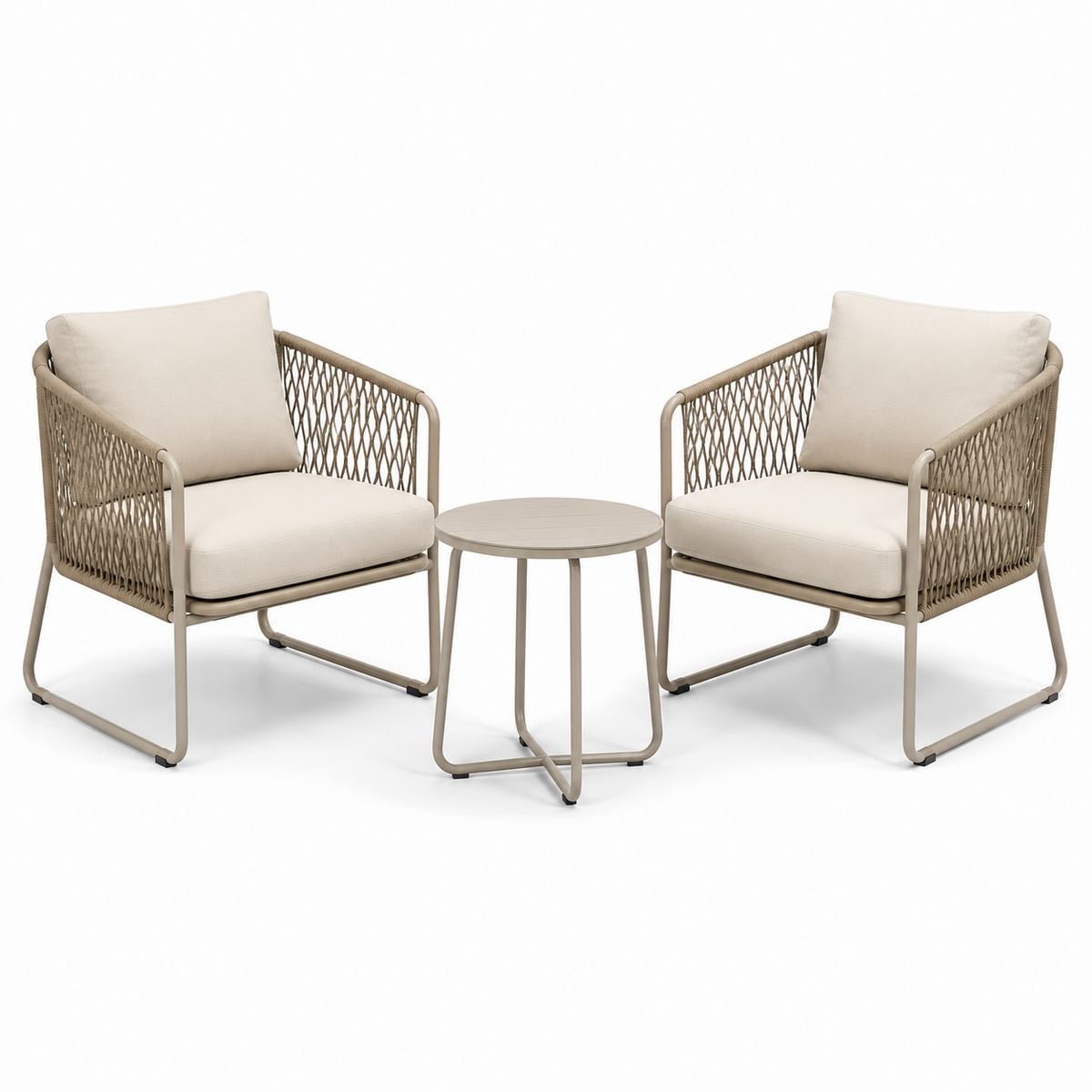 3-teiliges Gartenmöbel-Set in Beige und Creme – 2 Sessel 74 × 75 × 80 cm und runder Beistelltisch 50 × 45 cm