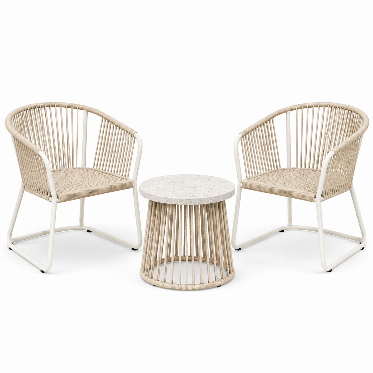 3-teiliges Gartenmöbel-Set Beige/Weiß mit 2 Armlehnstühlen 59 × 60 × 79 cm und Tisch Ø 45 × 45 cm