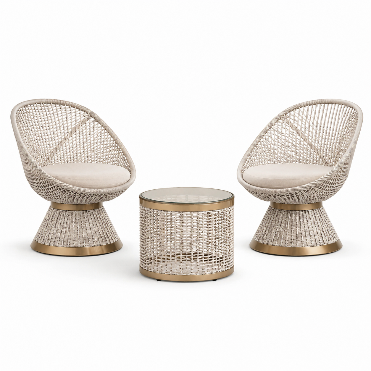 3-teiliges Gartenmöbel-Set in Beige und Gold mit 2 Sesseln 72 × 74 × 83 cm und Tisch Ø 50 × 48 cm