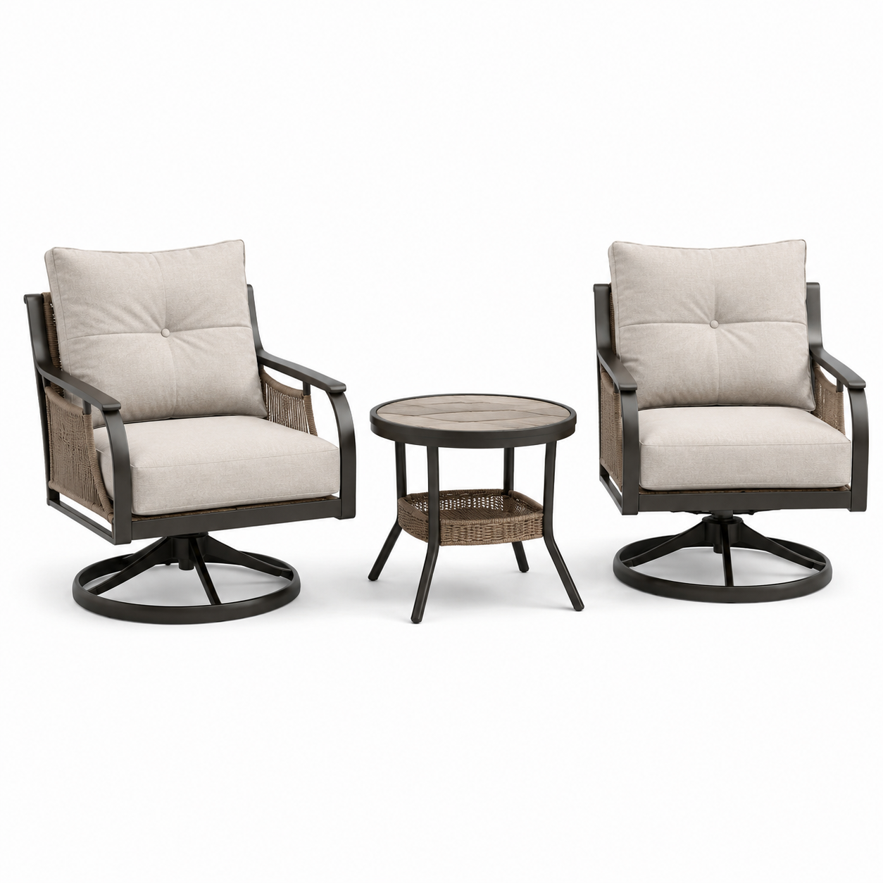 3-teiliges Gartenmöbel-Set mit 2 Drehsesseln 76 × 78 × 91 cm und Beistelltisch Ø 51 × 48 cm, Beige/Braun/Schwarz