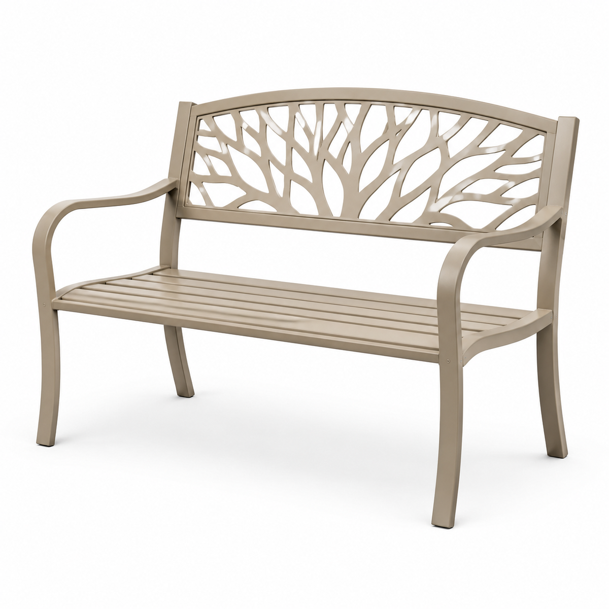 Gartenbank aus Metall mit Baumdekor und Armlehnen, Beige, 127 × 60 × 87 cm
