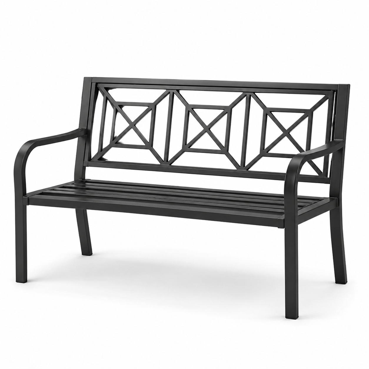 Schwarze Metall-Gartenbank mit Armlehnen und geometrischer Rückenlehne, 127 × 60 × 85 cm