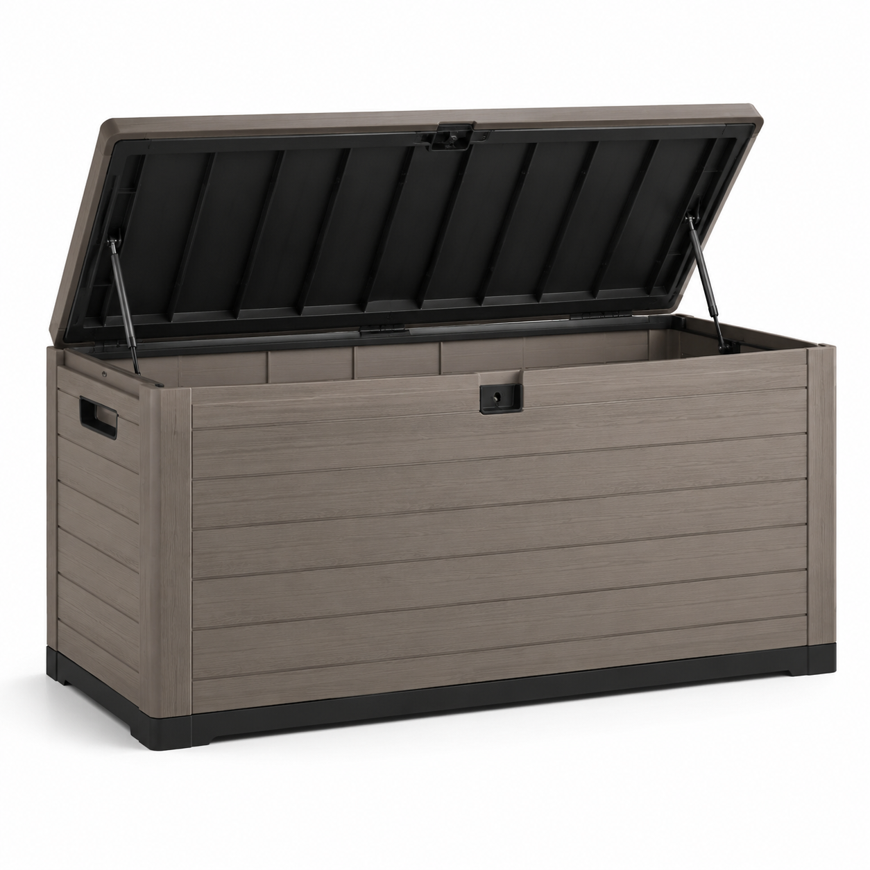 Auflagenbox in Holzoptik, 120 × 55 × 60 cm, Taupe/Schwarz, mit Klappdeckel und Griffmulden