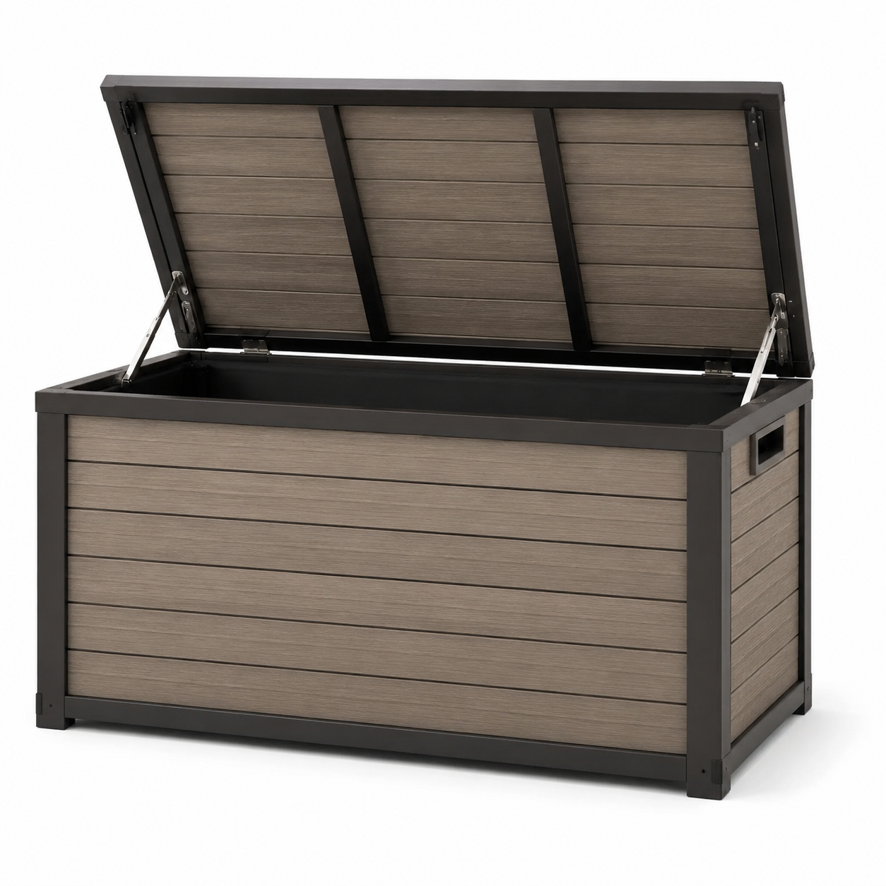 Garten-Aufbewahrungsbox mit Klappdeckel, 120 × 60 × 65 cm, Grau/Braun, Metall und Kunststoff in Holzoptik