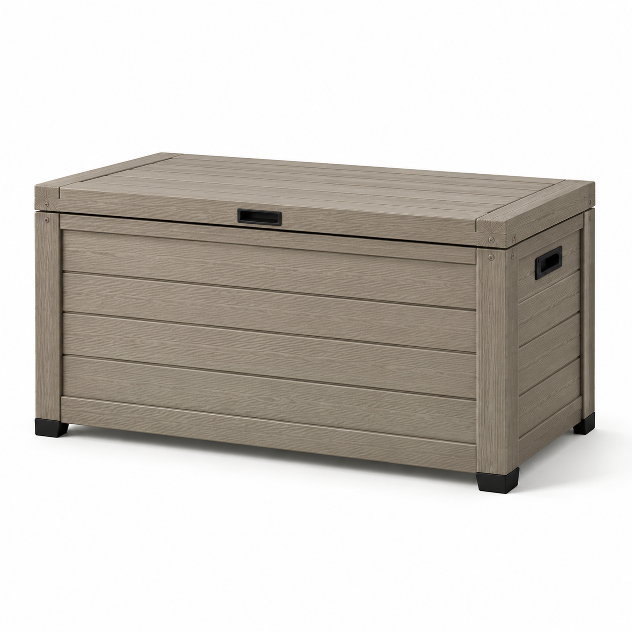 Garten-Aufbewahrungsbox aus Kunststoff, 120 × 60 × 65 cm, Graubraun/Schwarz, Holzoptik mit Klappdeckel