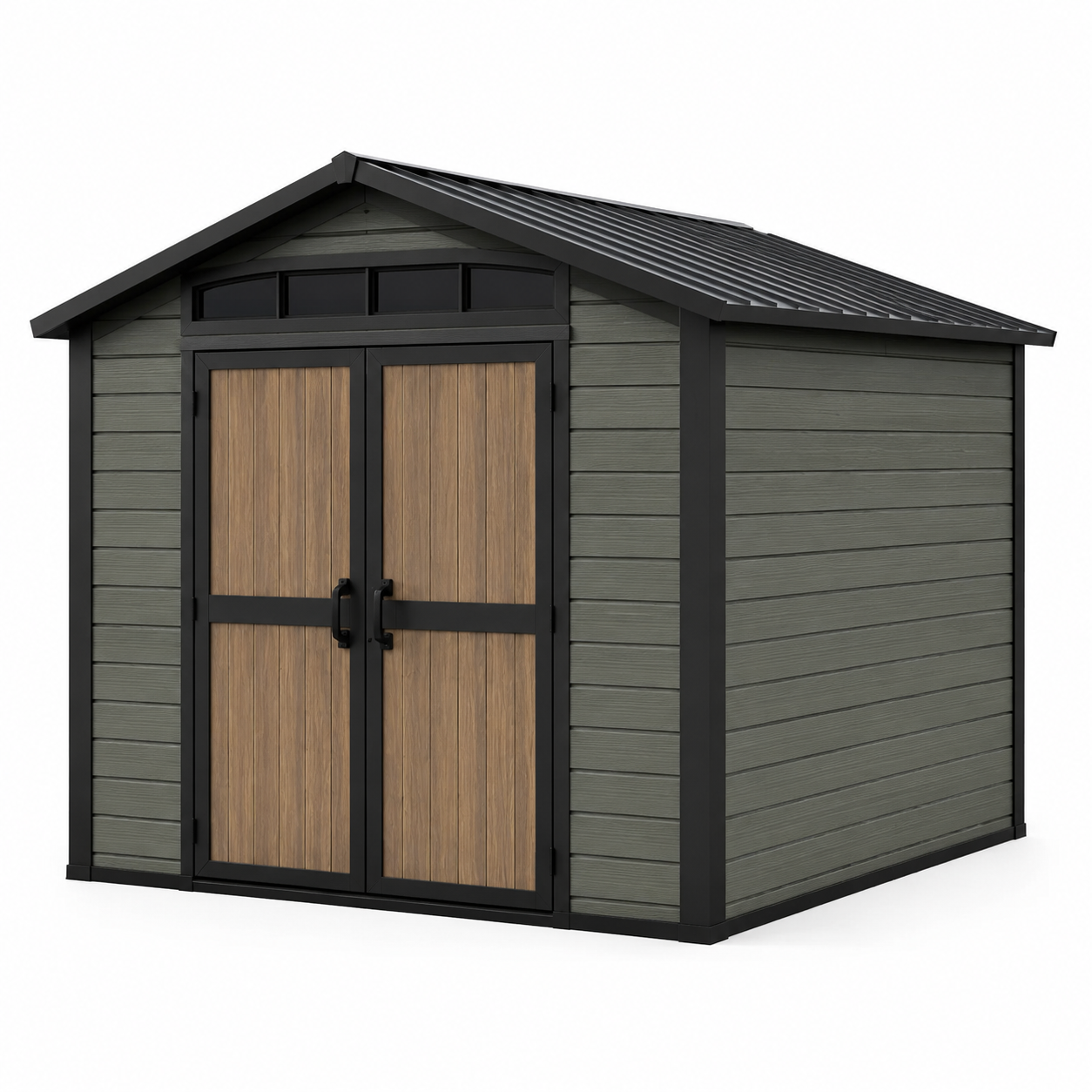 Gartengerätehaus aus Kunststoff und Metall, 238 × 218 × 226 cm, Grau/Schwarz/Braun, wetterbeständig, mit Doppeltür und Fenstereinsätzen