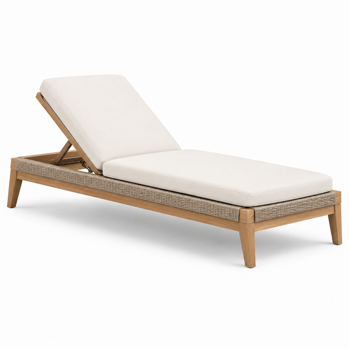 Verstellbare Gartenliege aus Holz mit Seilgeflecht und cremeweißer Polsterauflage, Cremeweiß/Beige/Hellbraun, 200 × 78 × 94 cm