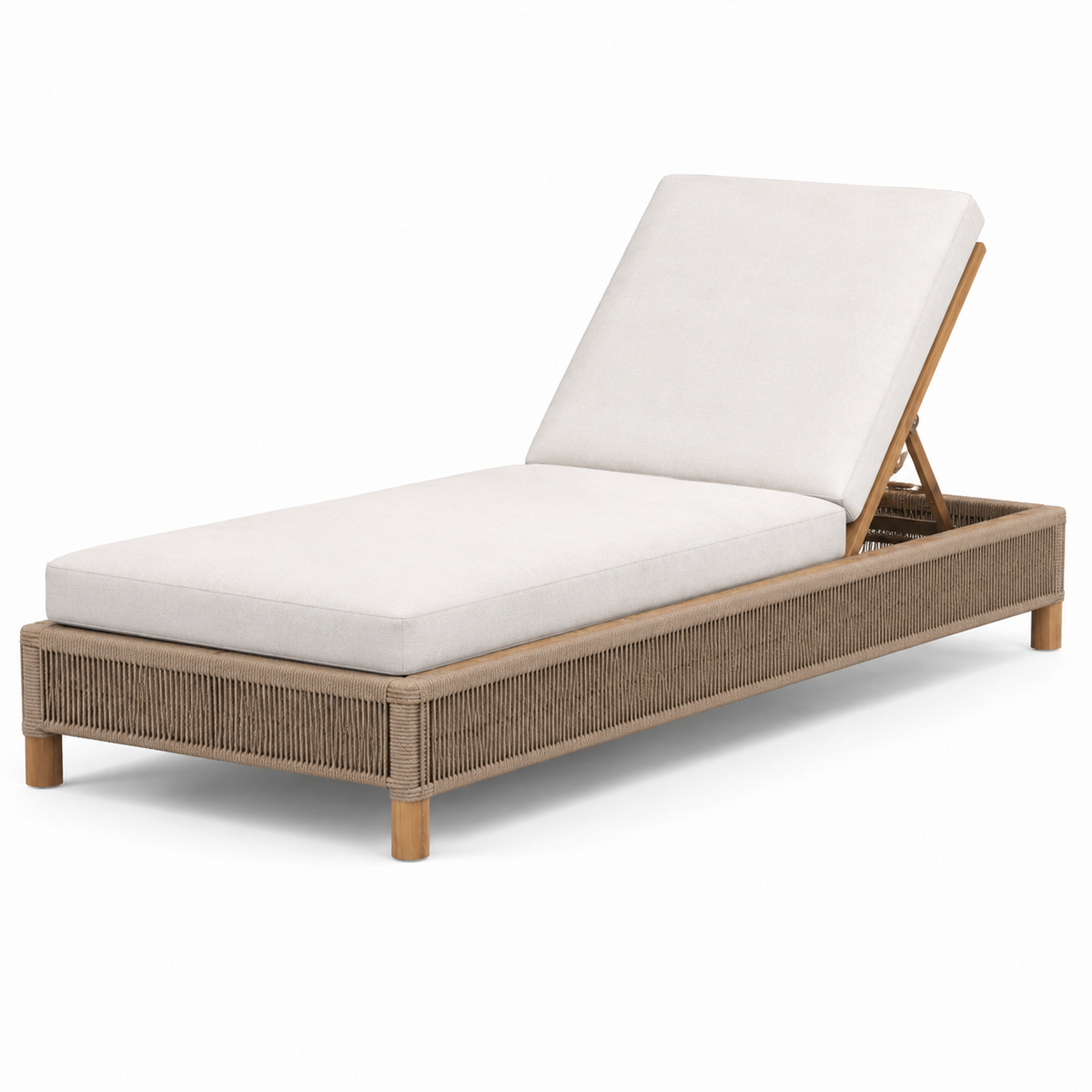 Gartenliege aus Holz mit Seilgeflecht und verstellbarer Rückenlehne, 200 × 80 × 92 cm, Cremeweiß/Beige/Naturbraun