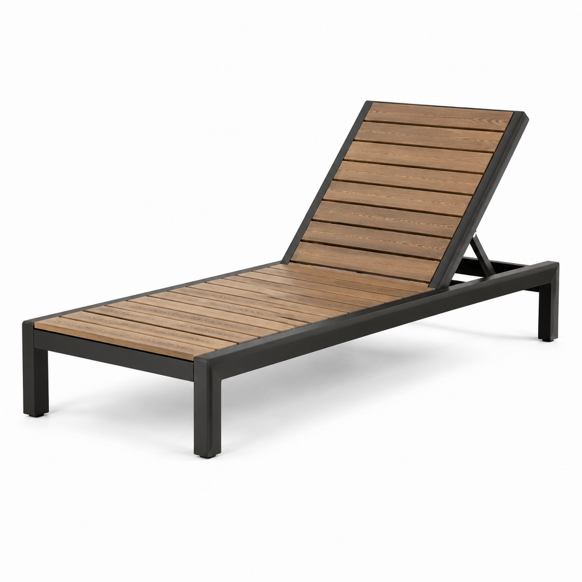 Gartenliege aus Holz und Metall mit verstellbarer Rückenlehne, Braun/Schwarz, 198 × 65 × 88 cm