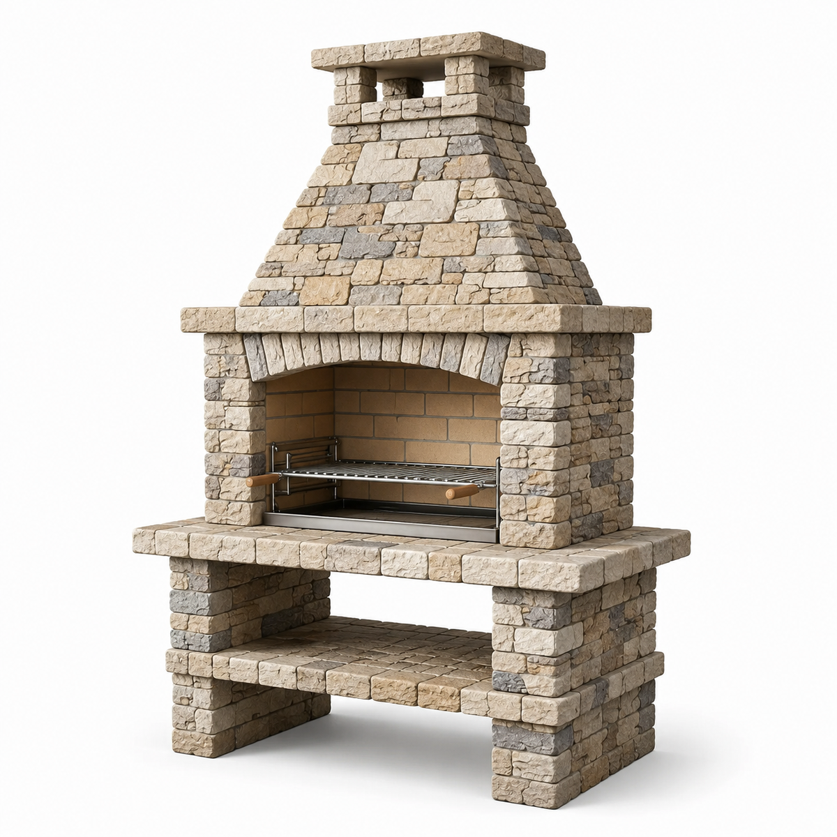 Gartenkamin aus Stein in Beige/Grau/Silber/Braun, 140 × 80 × 230 cm, mit Edelstahl-Grillrost und Ablage
