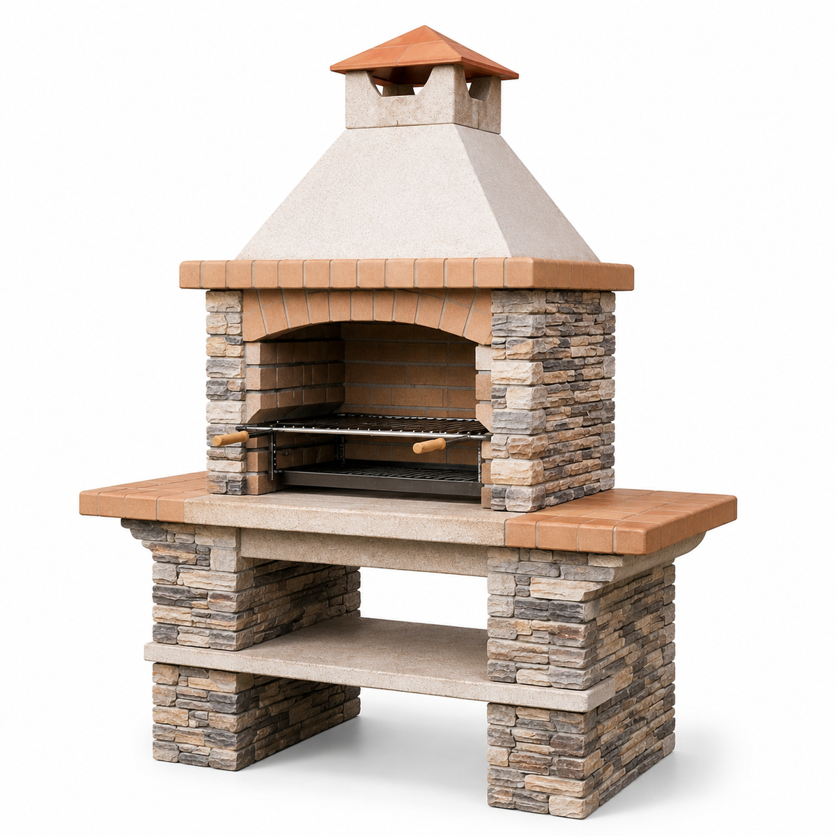 Gartengrill mit Kaminabzug und höhenverstellbarem Grillrost, 160 × 70 × 220 cm, Beige/Terrakotta/Grau/Schwarz