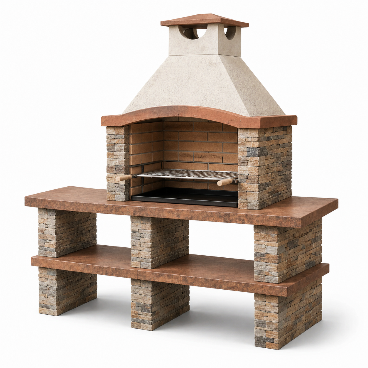 Gartenkamin mit Holzkohlegrill, höhenverstellbarem Grillrost und Ablageflächen, 200 × 70 × 240 cm, Beige/Braun/Grau/Schwarz/Silber