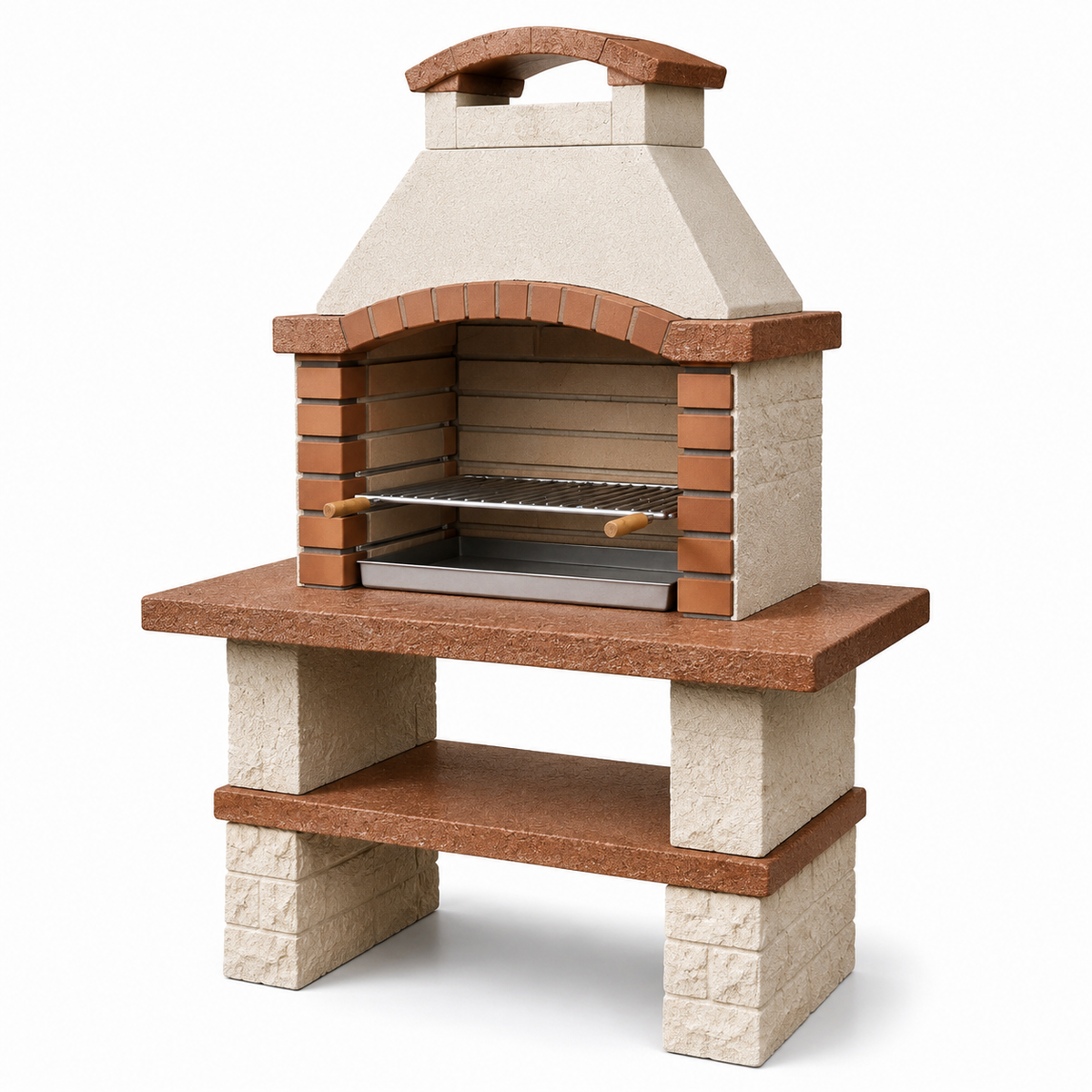 Grillkamin aus Beton und Metall mit Grillrost und Ablage, Beige/Terrakotta/Silber, 110 × 65 × 190 cm