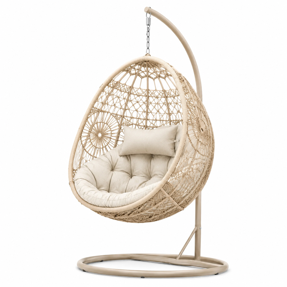 Freistehender Hängesessel mit Gestell und Polster, Beige/Creme, 105 × 105 × 195 cm, Boho-Stil