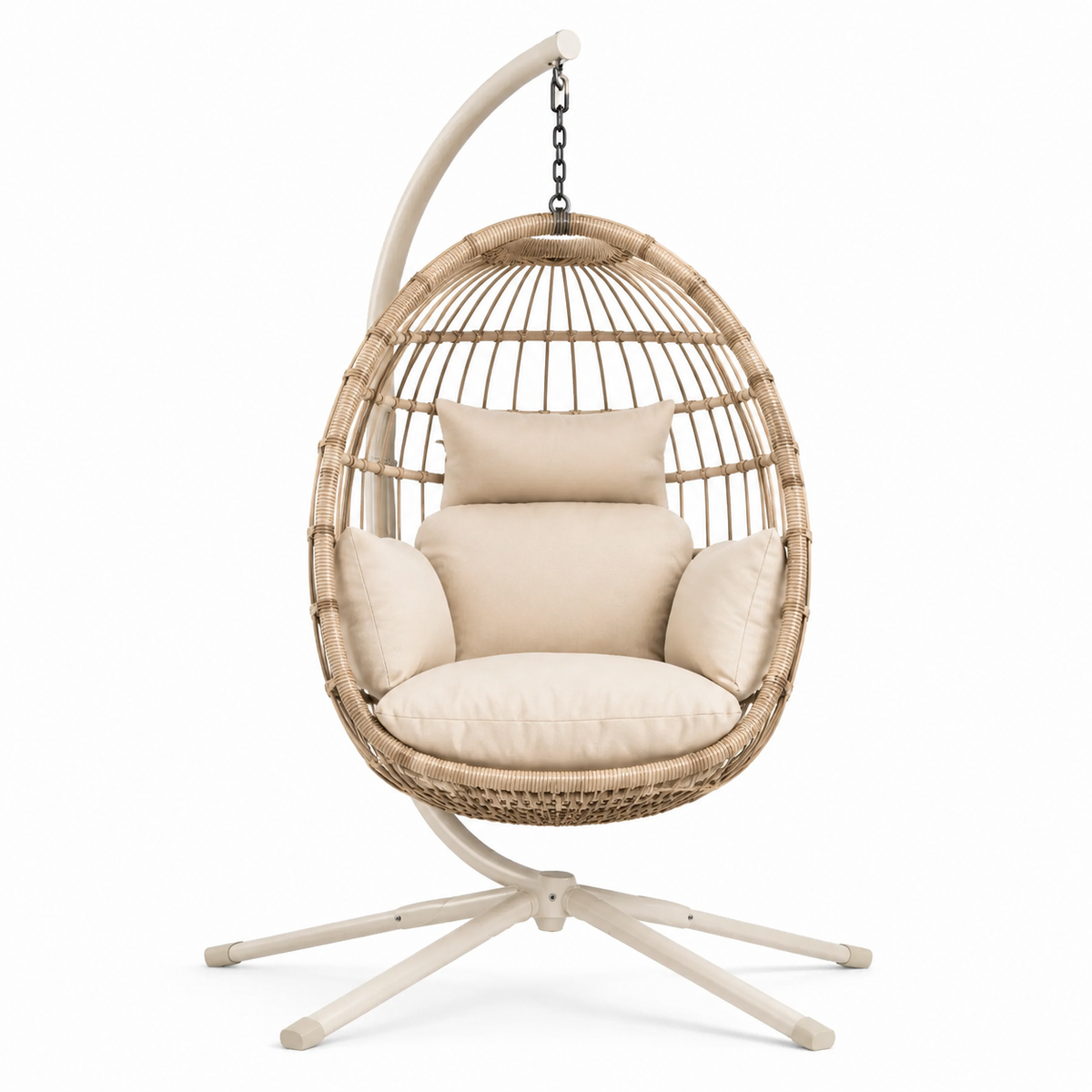 Hängesessel mit Gestell und Polstern, 105 × 105 × 195 cm, Beige/Creme
