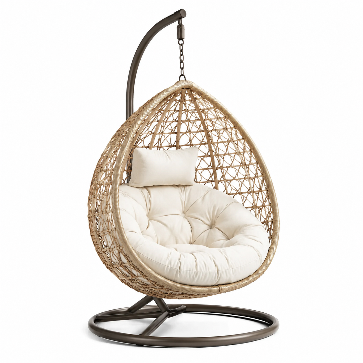 Hängesessel mit freistehendem Gestell und Polstern, 110 × 105 × 195 cm, Beige/Creme/Dunkelbraun