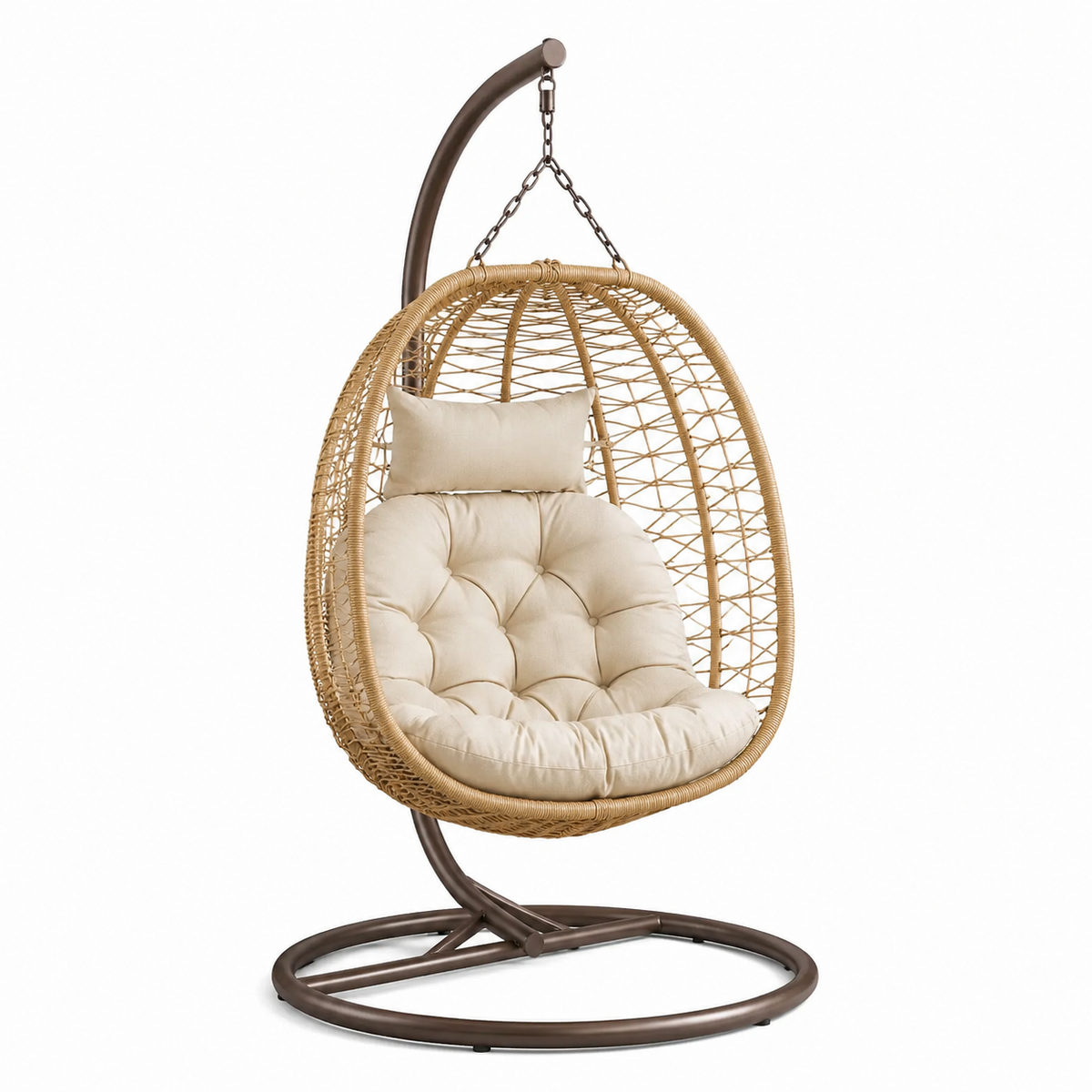 Hängesessel mit freistehendem Gestell und Polstern, 105 × 105 × 195 cm, Beige/Naturbraun/Dunkelbraun