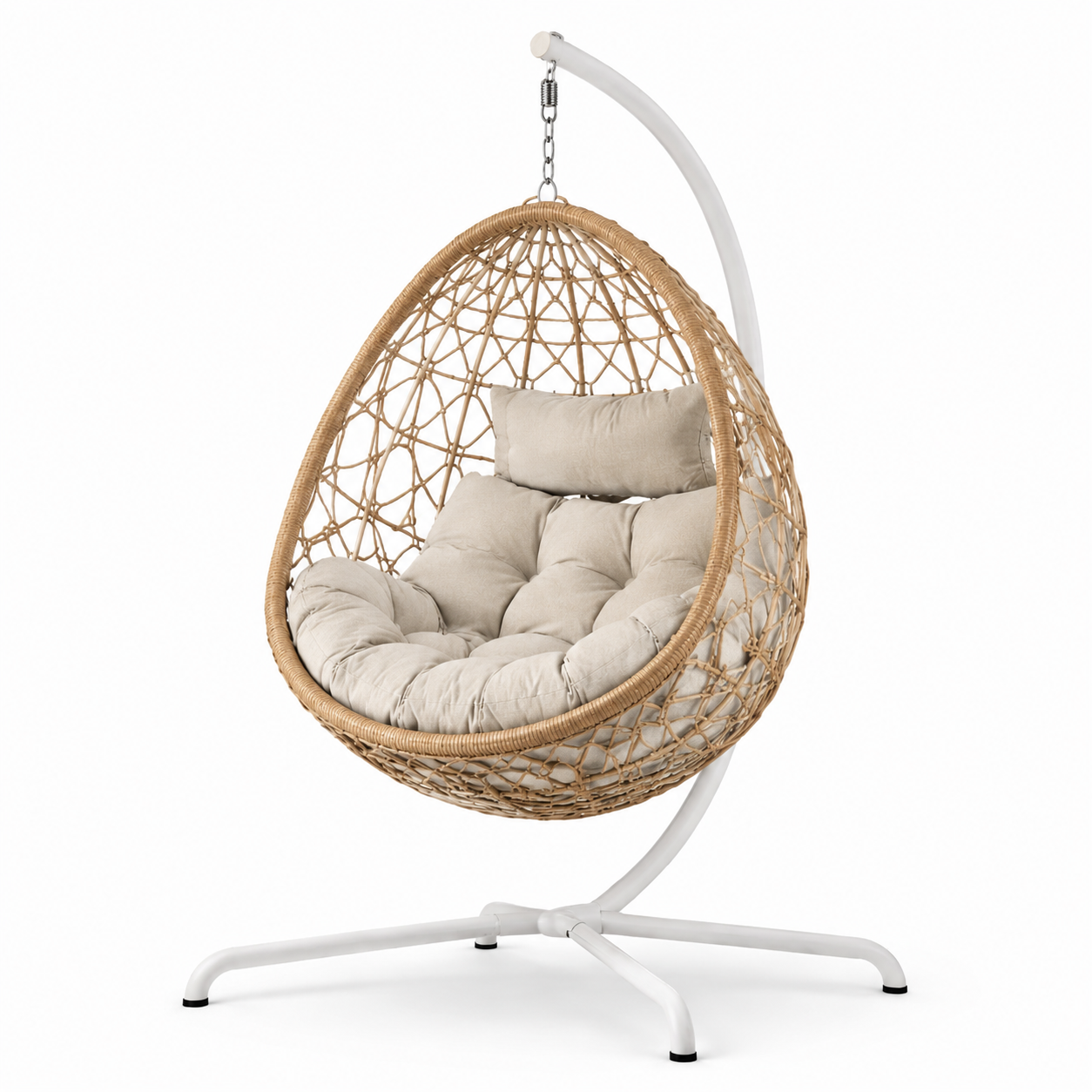 Freistehender Hängesessel aus Polyrattan mit weißem Stahlgestell und beigen Polstern, Natur/Weiß/Beige, 105 × 105 × 195 cm